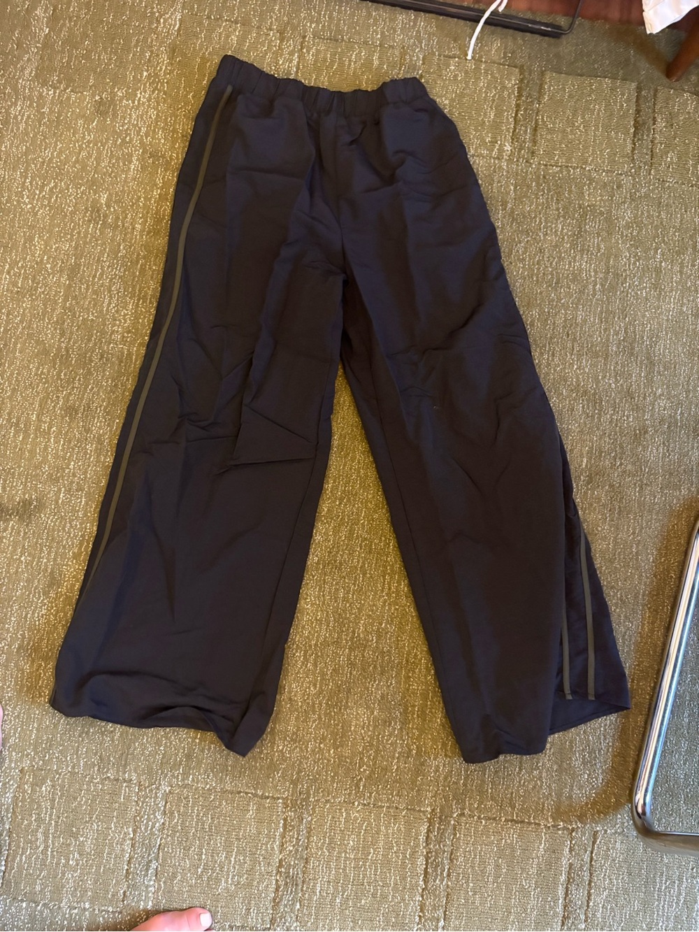 Black Wide-Leg Track Pants with green Side Stripe
